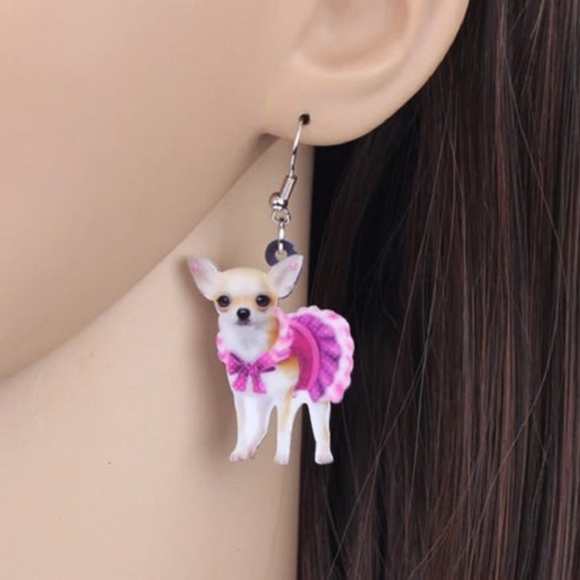 Acrylic Pink Dress Chihuahua Dog Earrings - Picture 2 of 5